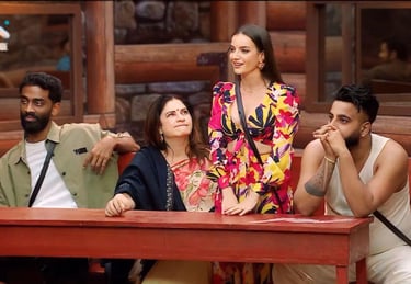 Natalia Janoszek with Kunickaa Sadanand, Shehbaz Badesha, and Pranit More in Bigg Boss 19 