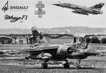 Dessin réaliste en noir et blanc d'un Mirage F1