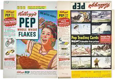 Vintage box of Kellogg's Pep Cereal from Canada with hand cut sports cards on the back of the box