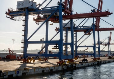 Extreme wide-angle shot of a massive deep-water port terminal under construction, sharp morning light casting long structural shadows on steel frames.