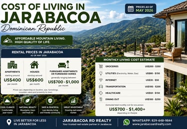 Cost of living in Jarabacoa Dominican Republic, including rent prices, housing, healthcare.