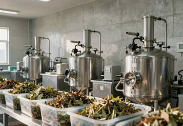 Wide environmental shot of a herbal manufacturing facility interior — stainless processing equipment along a concrete wall under bright north-facing daylight, raw botanical material in open containers on a workbench in the foreground, no people present, neutral background