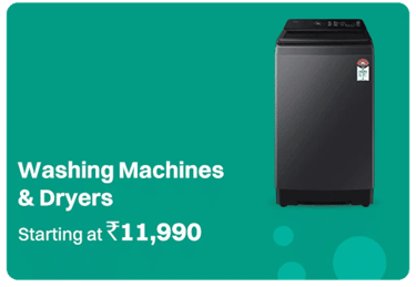 Dark grey top load washing machine on a green background with price starting at ₹11,990.