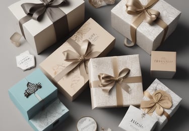 Elegant collection of luxury gift boxes wrapped in neutral and blue paper with satin ribbons and bows.
