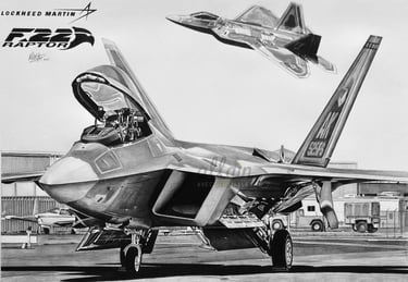 Dessin réaliste en noir et blanc d'un F22 Raptor