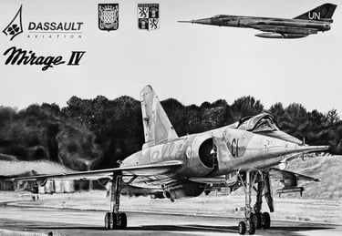 Dessin réaliste en noir et blanc du Mirage IV