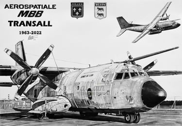 Dessin réaliste en noir et blanc de l'avion Transall Aerospatiale MBB