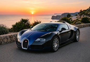 Bugatti Veyron em estrada litorânea ao pôr do sol marcando era da Volkswagen na Bugatti