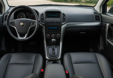 Interior do Chevrolet Captiva com painel central, volante e bancos em couro preto.