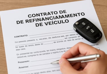 Contrato de refinanciamento de veículo em português sobre mesa com chave de carro e caneta