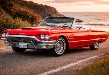 Ford Thunderbird conversível azul, clássico entre carros antigos da Ford.