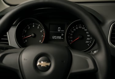 Painel de carro com odômetro acima de 100.000 km, volante parcialmente visível e iluminação realista