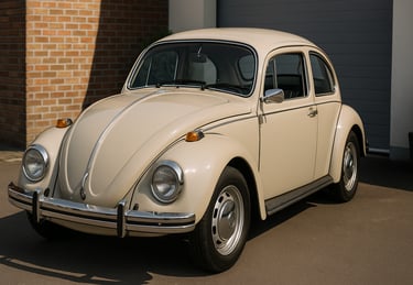 Fusca antigo bem preservado estacionado em frente a garagem, com destaque para detalhes originais.