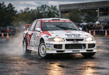 carros de rally Mitsubishi Lancer Evolution em ação no WRC em asfalto molhado com derrapagem