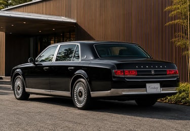 Toyota Century V12 preto visto de traseira em frente a arquitetura moderna de luxo