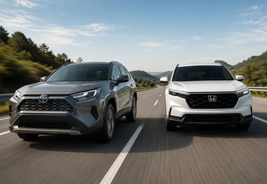 Toyota RAV4 e Honda CR-V Hybrid lado a lado em movimento em uma rodovia