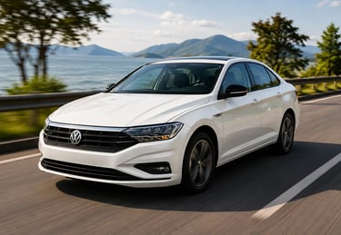 Volkswagen Jetta branco em movimento em rodovia com cenário moderno ao fundo
