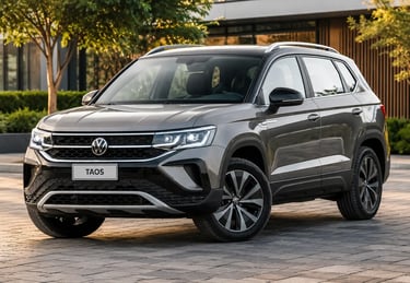 Volkswagen Taos cinza estacionado em cenário urbano moderno.
