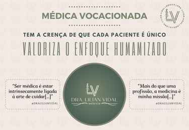 Um pôster com três frases médicas uma em cada lado e em cima, centralizado um logotipo de uma médica