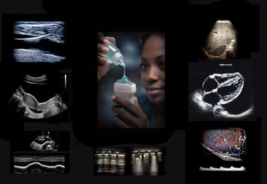 Montage of images illustrating the beginning path for a clinician learning hands-on ultrasound for the first time.