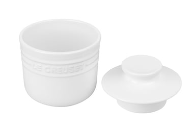 White Le Creuset stoneware butter crock with lid, embossed with brand name