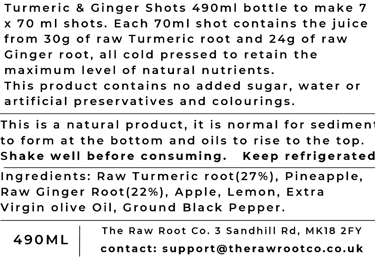 Label from the Turmeric & Ginger health and wellness shot bottle from The Raw Root Co.