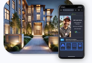 multifamily residential building with MyDoorView mobile video intercom system displayed on smartphone