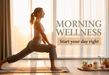 Woman stretching by window with sunrise, healthy breakfast setup, or yoga pose.