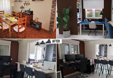 Traditional dining room transformed into an open-plan living area with home office nook and kitchen