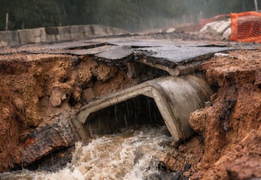 Bueiro tubular de drenagem em via urbana com erosão no entorno e colapso do pavimento causado por ex