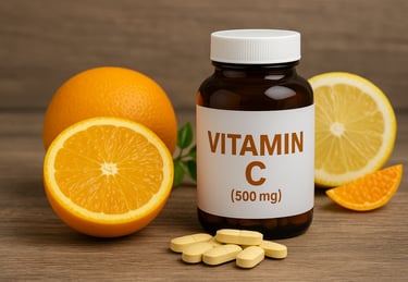 vitamin c Supplement und orangen auf einem tisch
