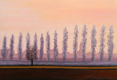 ​Oil of November tall poplar trees against a glowing peach and pink sunset sky in the north of Italy