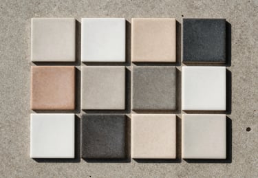 Tile samples arranged in a flat lay on a concrete surface, varied finishes from matte to gloss, overhead site daylight, no people