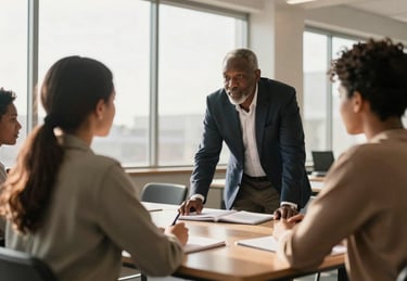 Candid wide shot of a mentorship session in a sunlit open meeting room, a senior African professional leaning forward across a table toward two young participants, notebooks open, warm afternoon light through floor-to-ceiling windows