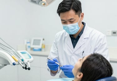 A bright, welcoming dental clinic room with soft teal and dental blue accents.
