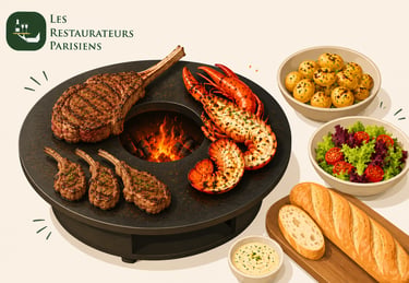 Brasero gastronomique terre et mer avec steak tomahawk grillé, homard et côtelettes d'agneau.