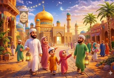 3D cartoon illustration of a happy Muslim family walking to an illuminated mosque for Eid prayer, festive atmosphere.