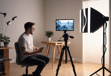 An influencer filming a product demo on a smartphone with city skyline in the background.