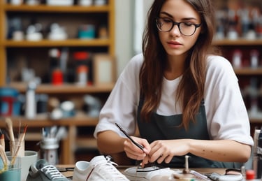 Close-up of a hand painting vibrant designs on a sneaker, showcasing detailed custom artwork.