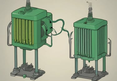 A sleek industrial transformer unit illuminated with steel-green lighting against a dark, textured background.