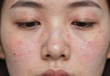 Close-up of a woman's face showing skin texture with visible freckles, hyperpigmentation, and acne spots.