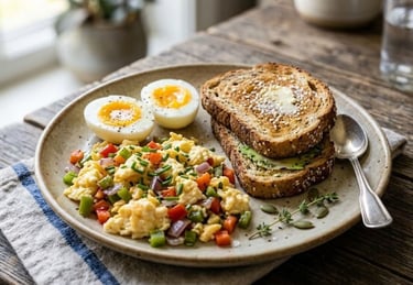 Healthy breakfast featuring boiled eggs, scrambled eggs with vegetables, and whole-grain toast.