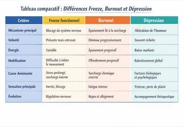 ableau comparatif différence freeze burnout dépression blocage système nerveux