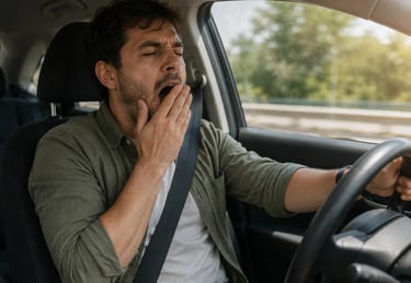 A tired man yawning while driving a car, illustrating the dangers of fatigued driving and sleep deprivation.