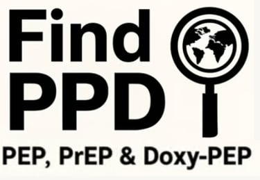 Find PPD PEP, PrEP & DoxyPEP with magnifying glass with globe in the middle