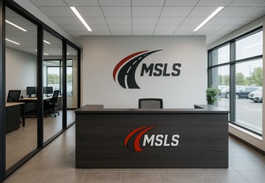 MSLS biuro priėmimo zona su logotipu, pabrėžiant profesionalumą.
