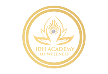 JDH Academy of Wellness gold logo with a lotus, diamond, and cupped hands on a black background.