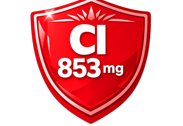 Red shield icon displaying Chloride CI 853 mg mineral supplement dosage on black background.