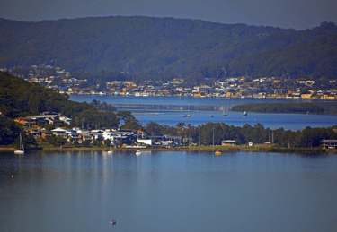 Looking south from President's Hill, Gosford. Saratoga Oval and sailing club, Blackwall on the far shore.