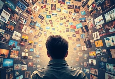  a person looking lost in a sea of conflicting ad images, or a visual representing "noise" vs. "clea